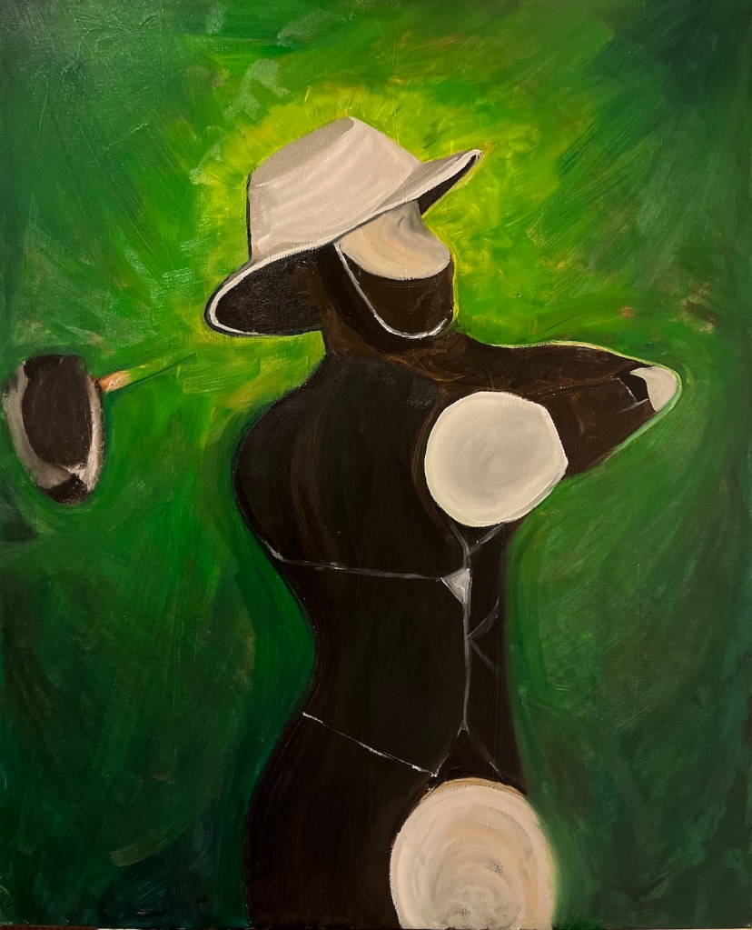 Oil on canvas painting of a humanoid robot golfer mid-swing at Chester Washington Golf Course, vivid green landscape, blending futuristic imagery with Black golf history, artwork by Jasimen Phillips, 2025.