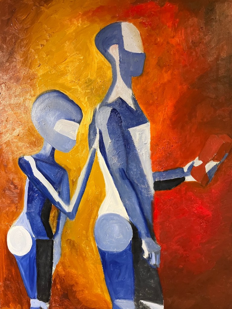 Oil on canvas painting depicting a Black family’s home in a suburban neighborhood, symbolizing resilience and belonging after racial intimidation, contemporary narrative painting by Jasimen Phillips, 2025