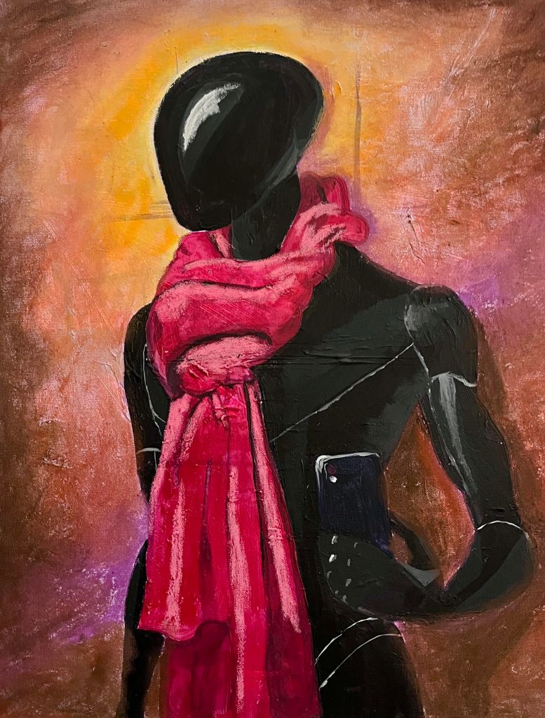 Portrait painting of a humanoid robot wearing a cashmere scarf, rendered in acrylic and oil pastel with expressive textures, contemporary robotic art by Jasimen Phillips, 2025